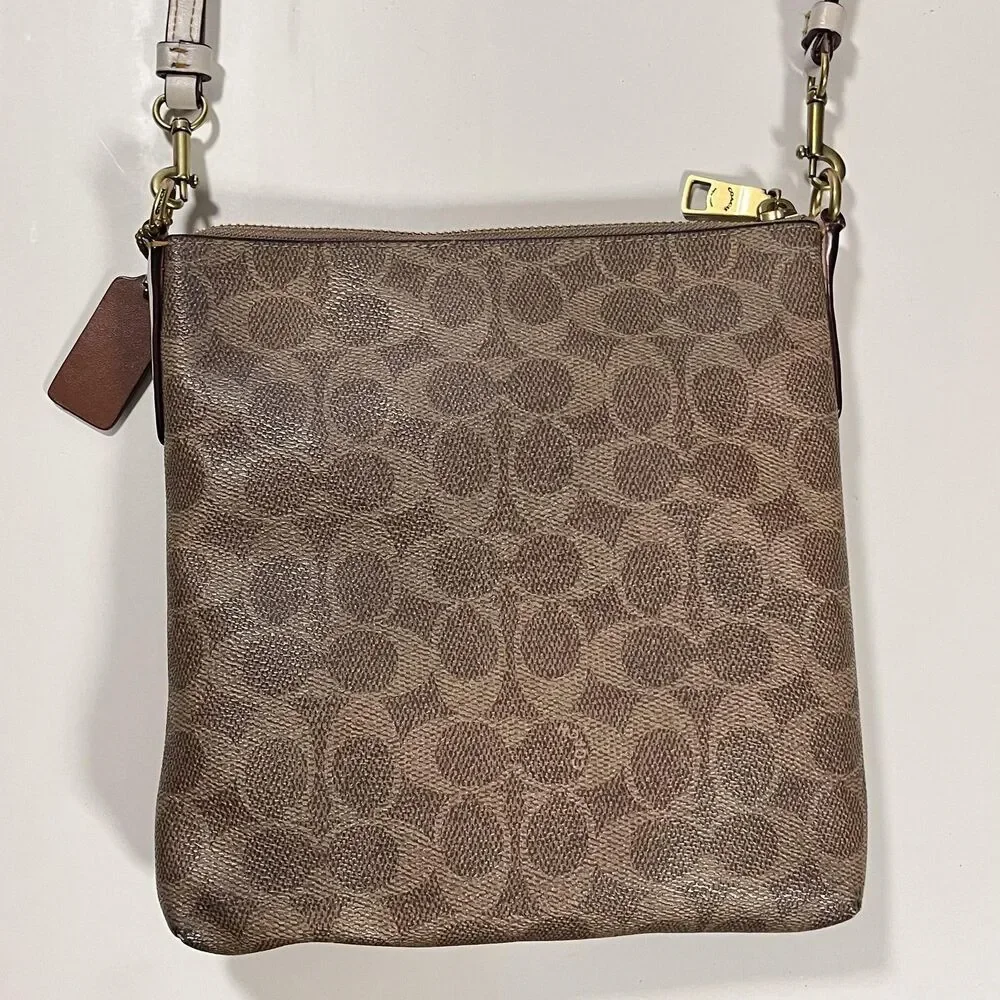 Coach Signature Stripe Crossbody Bag Womens Small Brown Cream Leather Purse